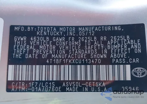 2012 Toyota Camry Se z USA, uszkodzony, nr VIN 4T1BF1FKXCU113470